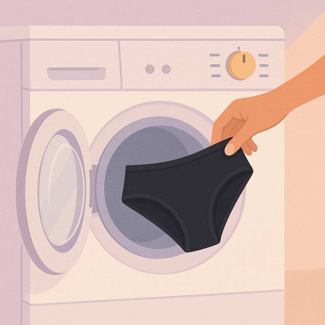 Übersichtliche Grafik mit den wichtigsten Waschhinweisen für Periodenunterwäsche: kalt ausspülen, Schonwaschgang, mildes Waschmittel, lufttrocknen, kein Weichspüler, kein Trockner.