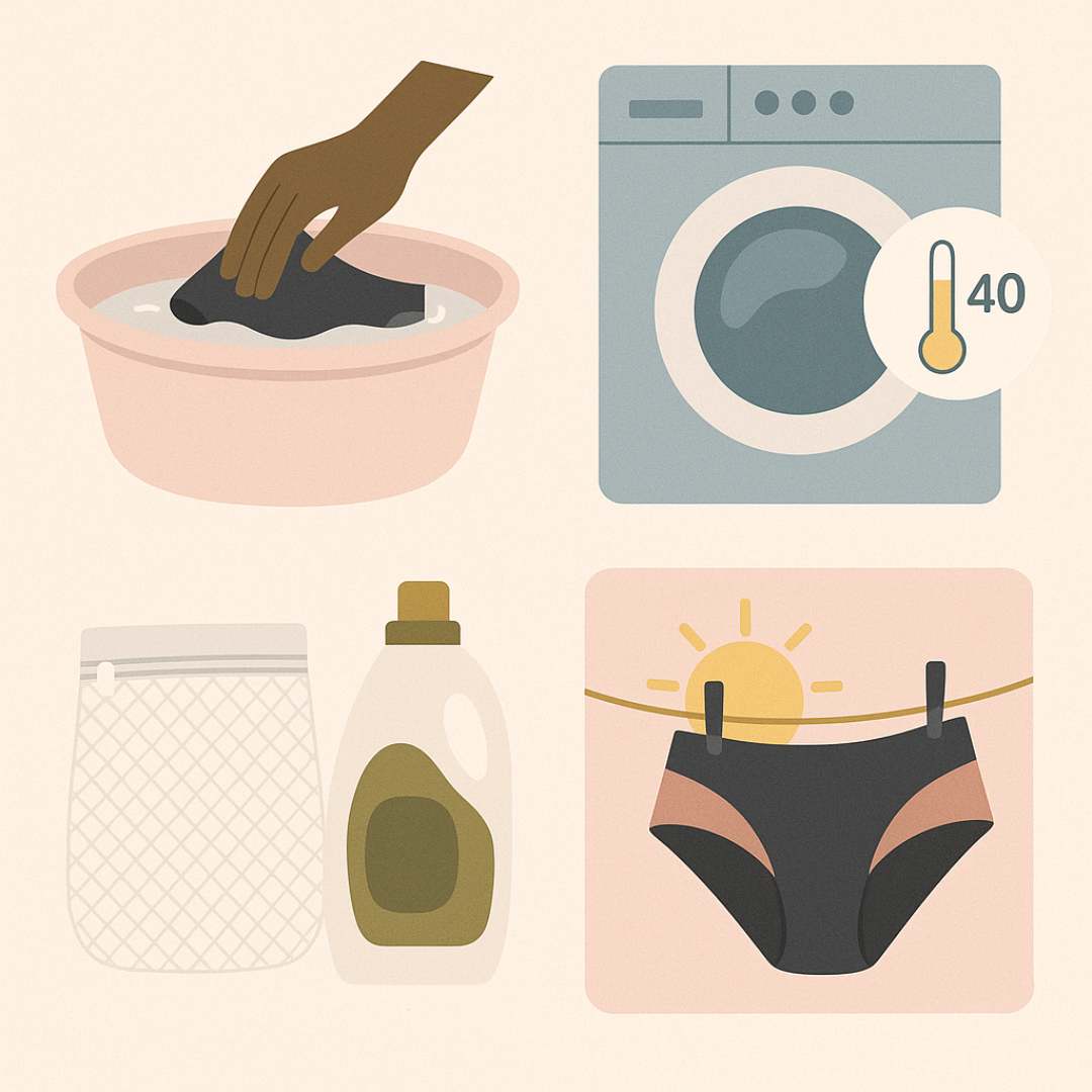 Illustration zeigt Pflegehinweise für Periodenunterwäsche: Ausspülen mit kaltem Wasser, Schonwaschgang in der Maschine, lufttrocknen, keine Weichspüler oder Trockner. Nachhaltige Pflege für lange Haltbarkeit.