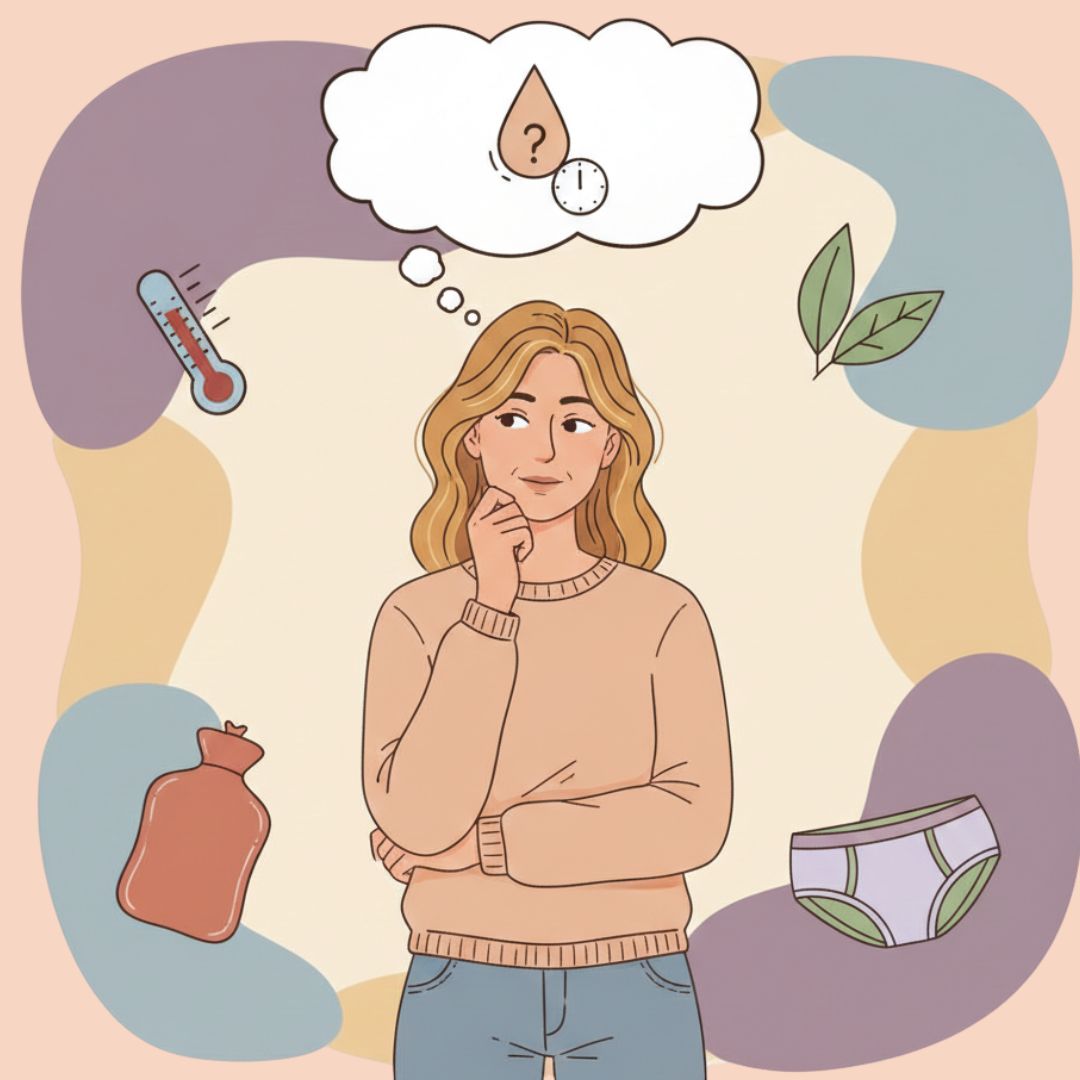 Illustration einer nachdenklichen Frau in den Wechseljahren zum Thema vaginaler Ausfluss, umgeben von Symbolen wie Wärmflasche, Thermometer und Periodenunterwäsche