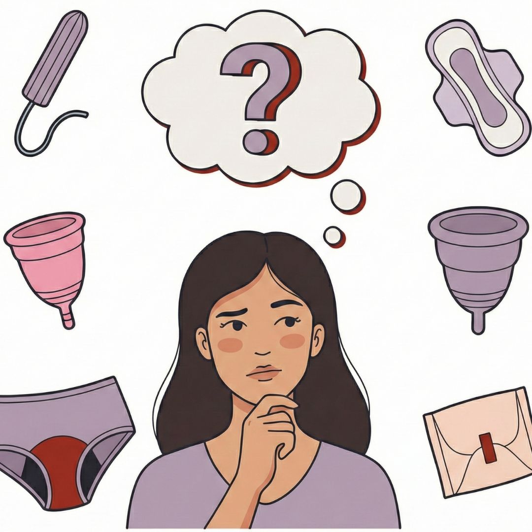 Illustration einer nachdenklichen Frau mit einem Fragezeichen in einer Gedankenblase, umgeben von verschiedenen Menstruationsprodukten: Tampons, Binden, Menstruationstassen und Periodenunterwäsche. Sie überlegt, welches Produkt sie wählen soll.
