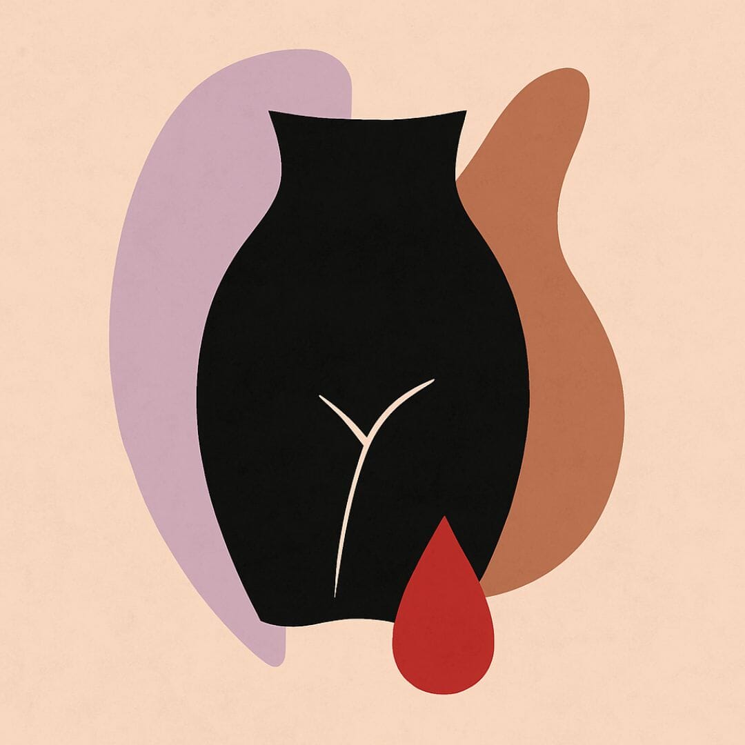 Stilisierte, minimalistische Illustration eines weiblichen Torsos in Schwarz, umgeben von abstrakten Formen in Beige, Braun und Flieder. Eine rote Tropfenform symbolisiert Menstruationsblut.