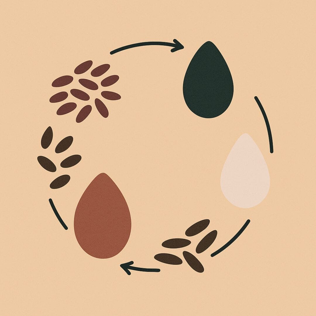 Vier stilisierte Samenarten im Kreis auf beigem Hintergrund, symbolisieren Seed Cycling im Menstruationszyklus.
