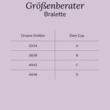 Maßtabelle Bralette ohne Bügel & Verschluss mit Spitze schwarz, Übersicht der Größen von 32/34 (Cup A) bis 44/46 (Cup D).
