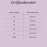 Größentabelle für Baumwolle Ausfluss Slip mit Leo druck: Zuordnung von Konfektionsgröße 34 bis 46 zum Hüftumfang in cm.