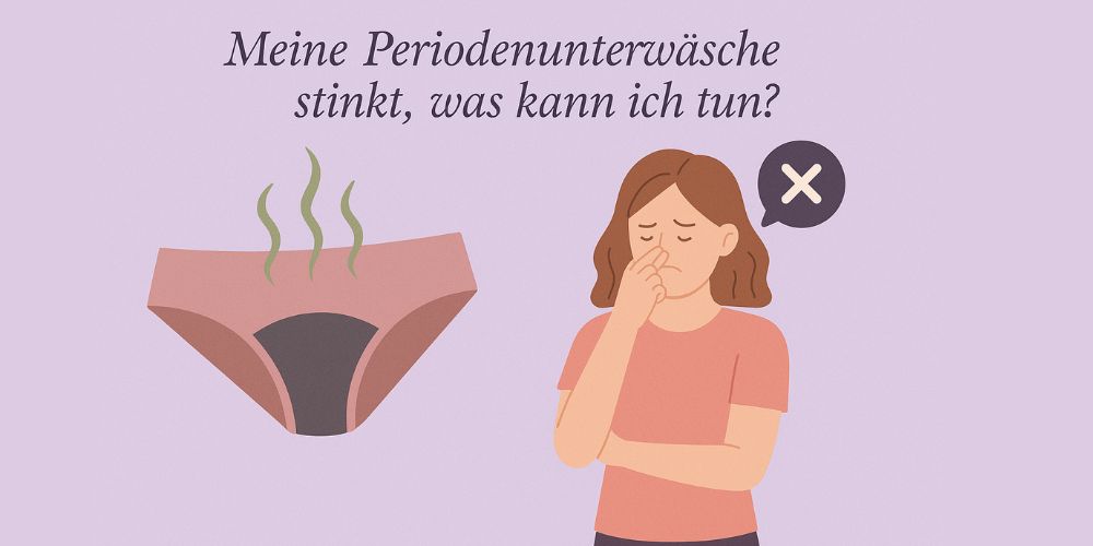 Illustration von Periodenunterwäsche mit Geruchslinien und einer Frau, die sich die Nase zuhält. Überschrift: Meine Periodenunterwäsche stinkt, was kann ich tun? – Darstellung in KORA MIKINO Brand-Farben.