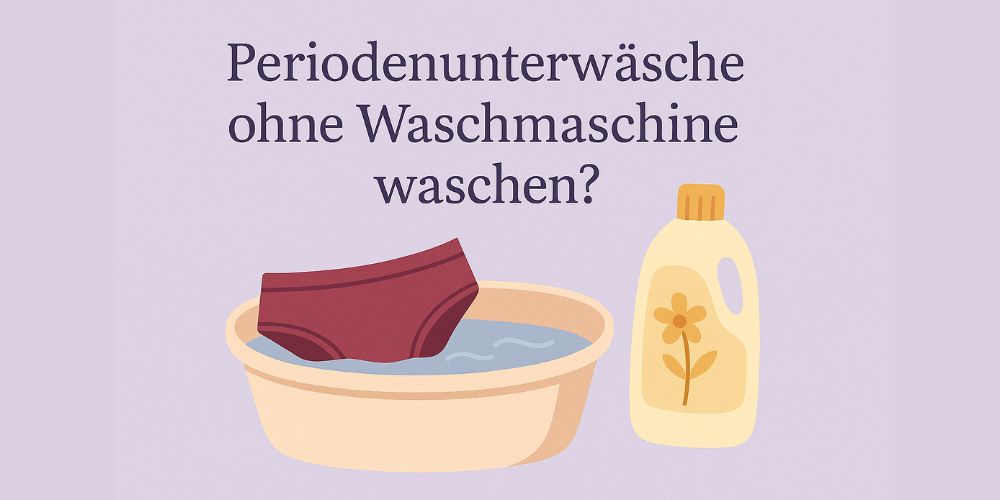Illustration mit der Frage „Kann ich Periodenunterwäsche mit anderer Wäsche waschen?“ in dunkellila Schrift auf rosafarbenem Hintergrund. Darunter ein Wäschekorb mit Periodenunterwäsche, BH, Socken und anderen Kleidungsstücken in sanften Pastellfarben.