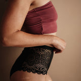 Ausflussunterwäsche High Waist Spitze Schwarz Seitenprofil Gr. 36 elastischer Komfortbund nachhaltig