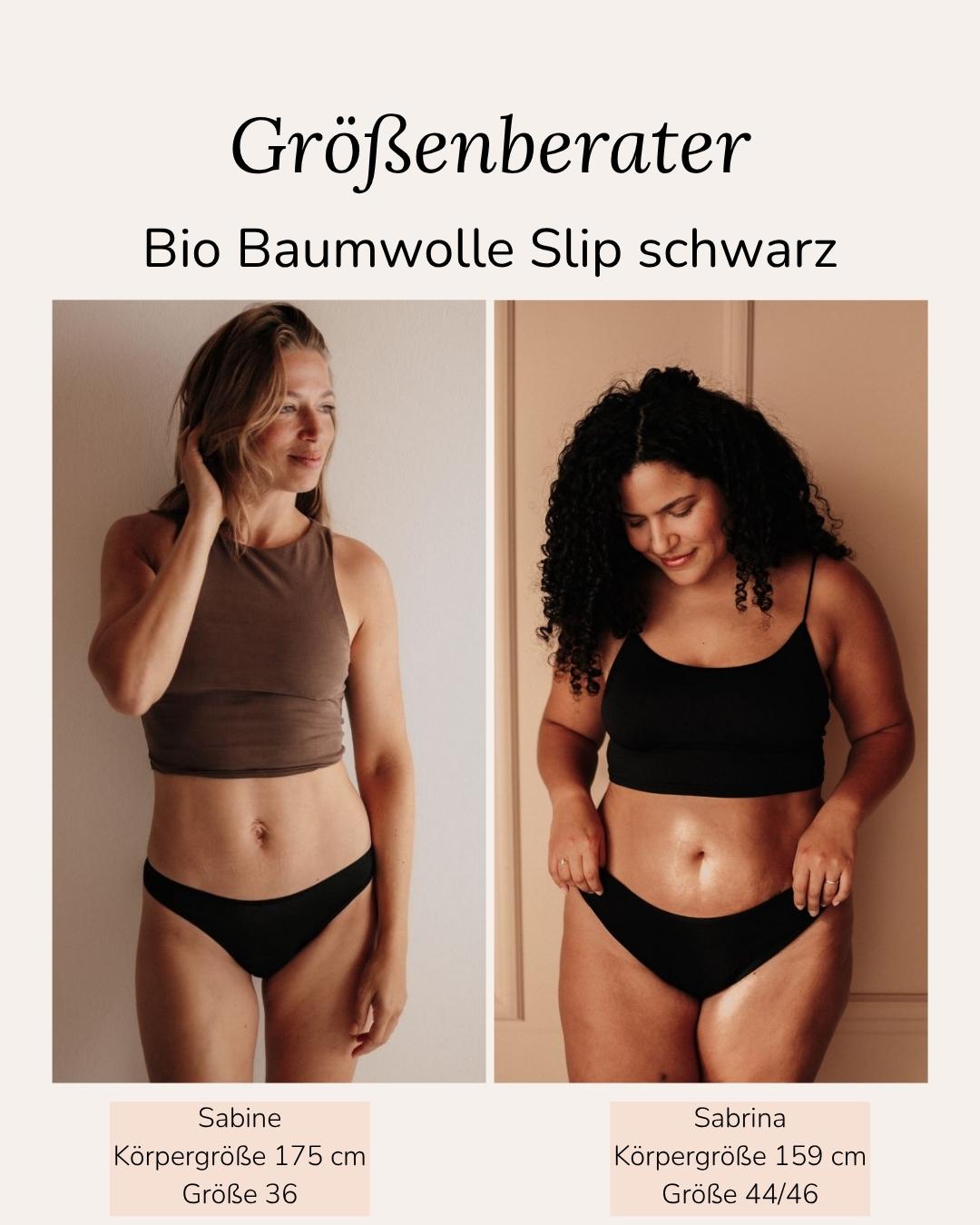 Bio Baumwolle Slip Schwarz Vergleich zwei Models unterschiedliche Körper Gr 36 und 44/46