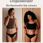 Bio Baumwolle Slip Schwarz Vergleich zwei Models unterschiedliche Körper Gr 36 und 44/46