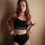 Dessous Set High Waist Bralette schwarz Gr 38 Frontalansicht Periodenunterwäsche sicher ohne Biozide