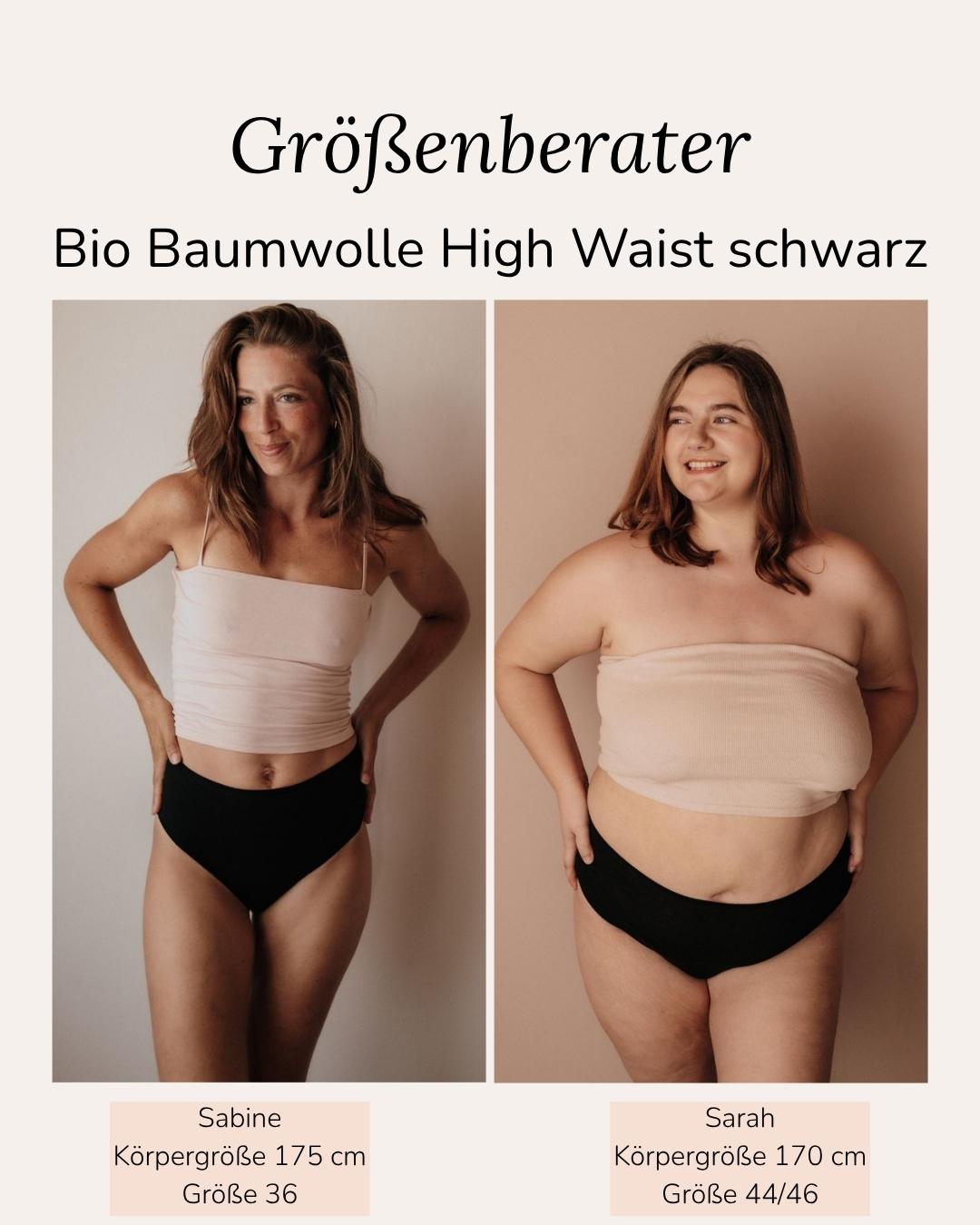 Bio Baumwolle High Waist Schwarz Unterwäsche Vergleich zwei Models Gr 36 und 44/46 sanfter Bauch-Halt
