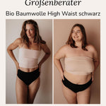Bio Baumwolle High Waist Schwarz Unterwäsche Vergleich zwei Models Gr 36 und 44/46 sanfter Bauch-Halt