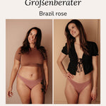 Brazil Rose Ausflussunterwäsche im Größenvergleich an zwei Models Konfektionsgröße 36 und 42 vegane Bio Baumwolle