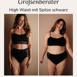 High Waist Spitze Schwarz Ausflussunterwäsche Vergleich zwei Models Gr 36 und 44/46 sanfter Bauch-Halt