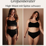 High Waist Spitze Schwarz Ausflussunterwäsche Vergleich zwei Models Gr 36 und 44/46 sanfter Bauch-Halt