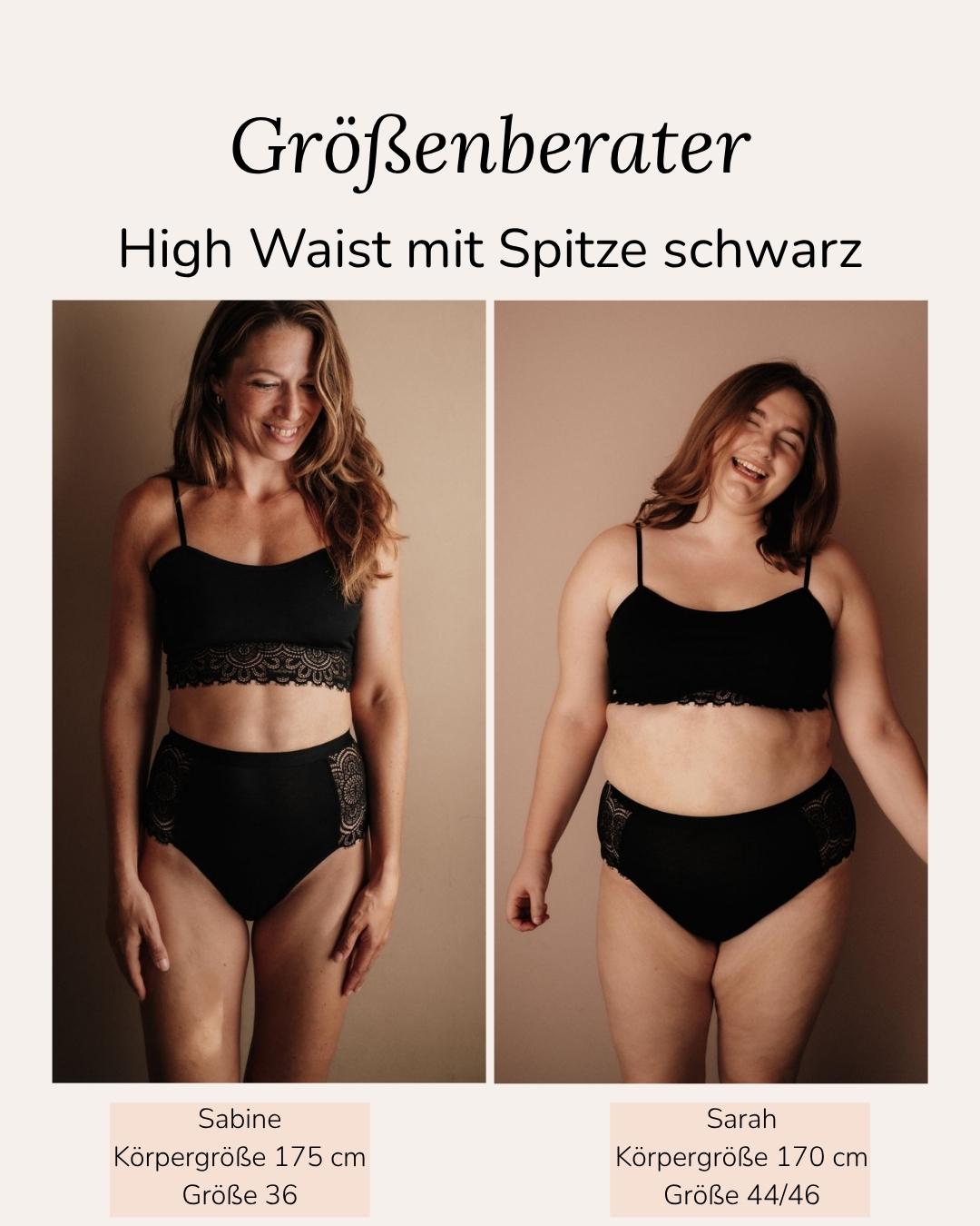High Waist Spitze Schwarz Passform-Check bei unterschiedlichen Körpern hohes Saugvolumen 5-Tampon-Schutz