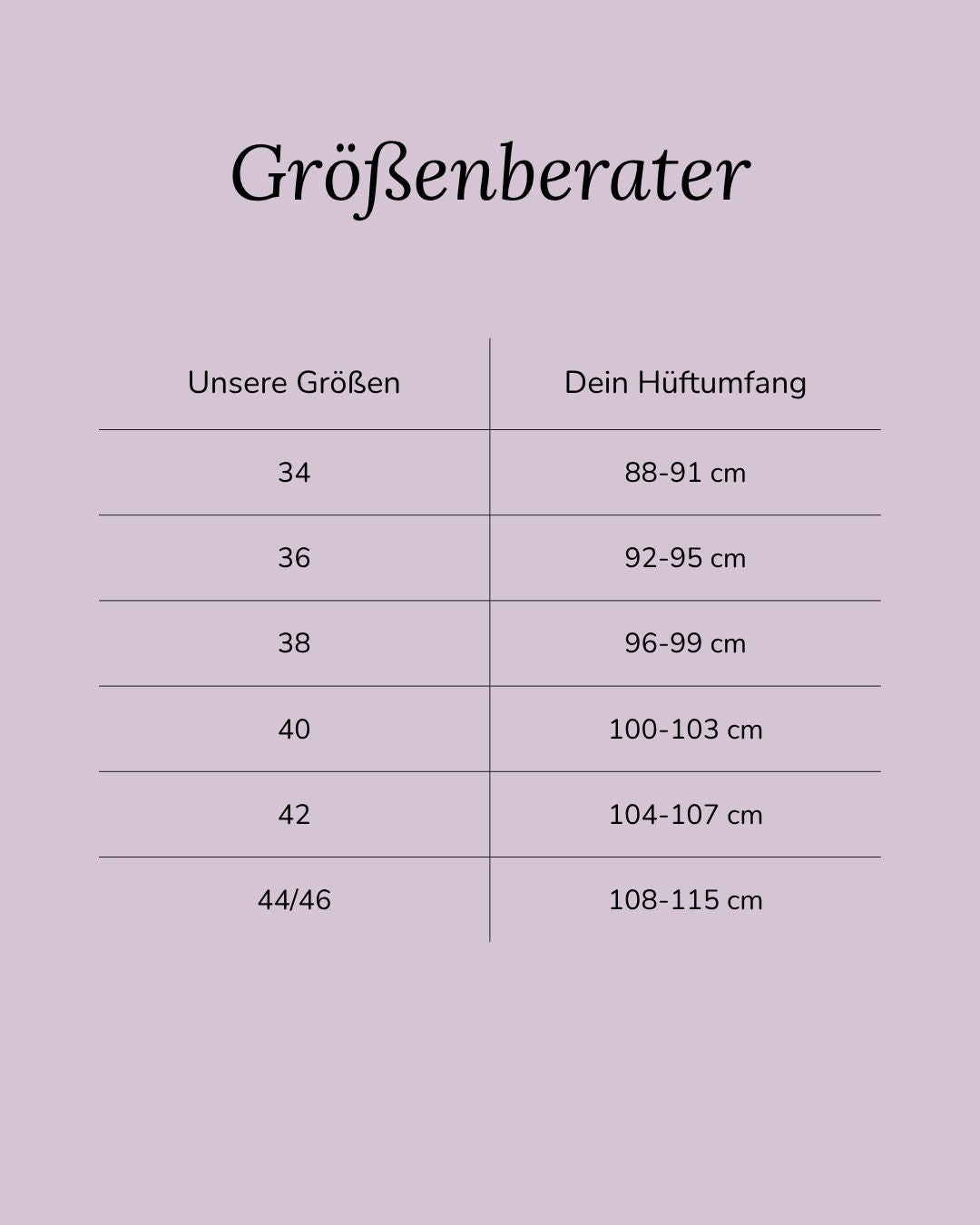 Maßtabelle für die schwarze Periodenunterwäsche High Waist. Hilft beim Finden der passenden Größe durch Vergleich von Körpermaßen.