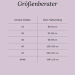 Maßtabelle für die schwarze Periodenunterwäsche High Waist. Hilft beim Finden der passenden Größe durch Vergleich von Körpermaßen.