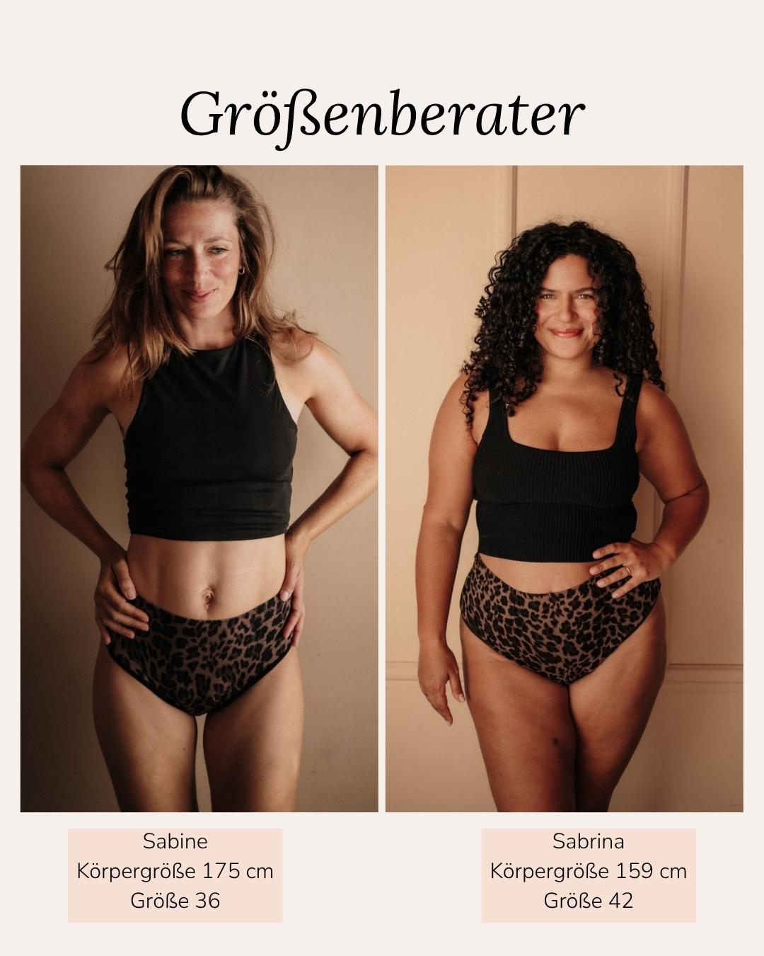 Leo High Waist Periodenunterwäsche Größenvergleich Sabine Gr 36 und Sabrina Gr 42 mit elastischem Komfortbund.