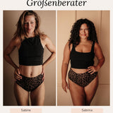 Leo High Waist Periodenunterwäsche Größenvergleich Sabine Gr 36 und Sabrina Gr 42 mit elastischem Komfortbund.