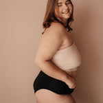 Periodenunterwäsche High Waist Bio Baumwolle schwarz Seite sanfter Bauch-Halt PETA approved vegan.