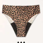 Periodenunterwäsche Seamless Leo Slip Medium Flatlay beige schwarz Leo-Print ohne Biozide langlebig