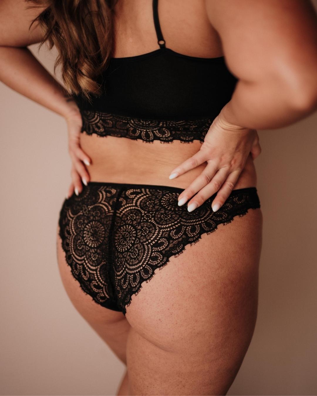 Periodenunterwäsche Spitze Slip Schwarz Rückseite Slip und Bralette aus atmungsaktivem Material