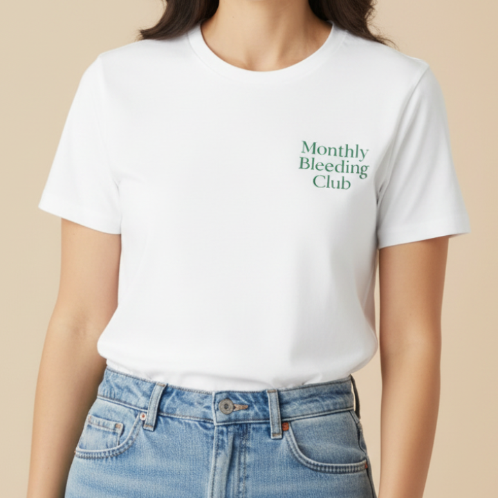 Monthly bleeding club T shirt in weiß mit grüner Schrift getragen von einer Frau mit Ai generiert